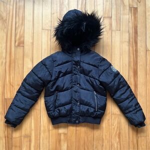 Steve Madden Girls Puffer Jacket Black Faux Fur Hood Winter Coat Size M 10/12